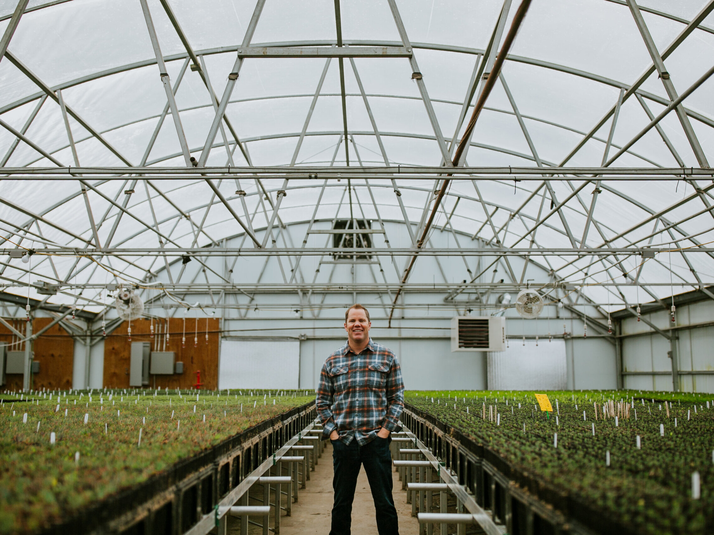 Kevin Brinkman, founder of OneCanopy, stands in the greenhouse in Loveland.